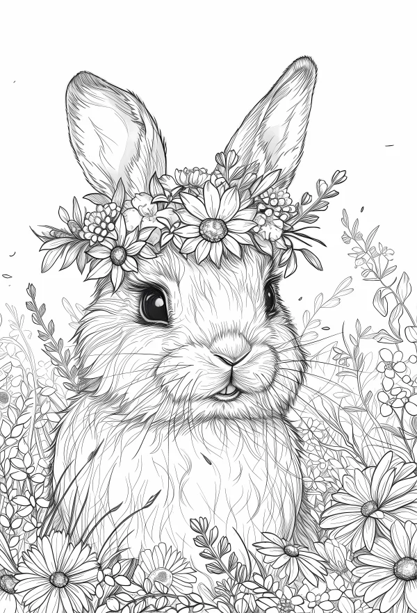 Rabbit with flower crown, realistic style — free printable spring coloring book page