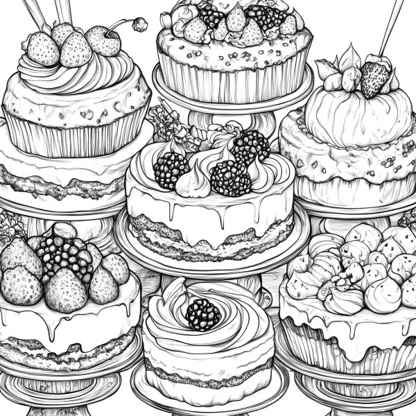 Various decorated cakes and desserts with berries, sketch illustration style — free printable food coloring book page