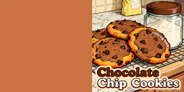 Coloring book cover, chocolate chip cookies on cooling rack — free printable coloring page