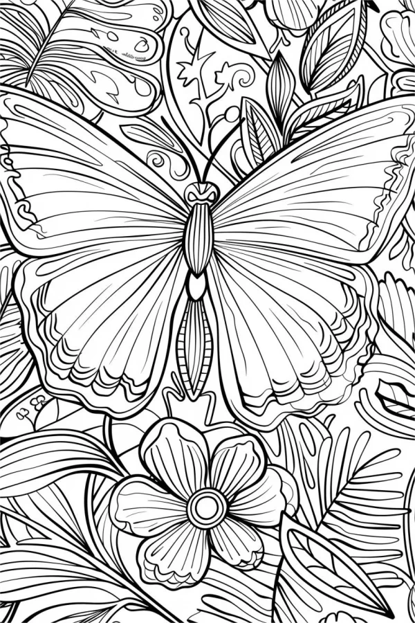 Butterfly surrounded by various flowers and leaves, nature theme — free printable plants coloring book page