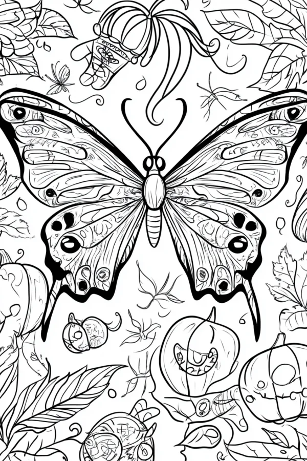 Decorative butterfly with intricate wing patterns, surrounded by halloween pumpkin lanterns — free printable halloween coloring book page