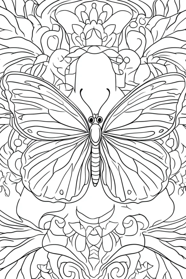 Decorative symmetrical butterfly surrounded by vine and leaf patterns, art deco style — free printable art coloring book page