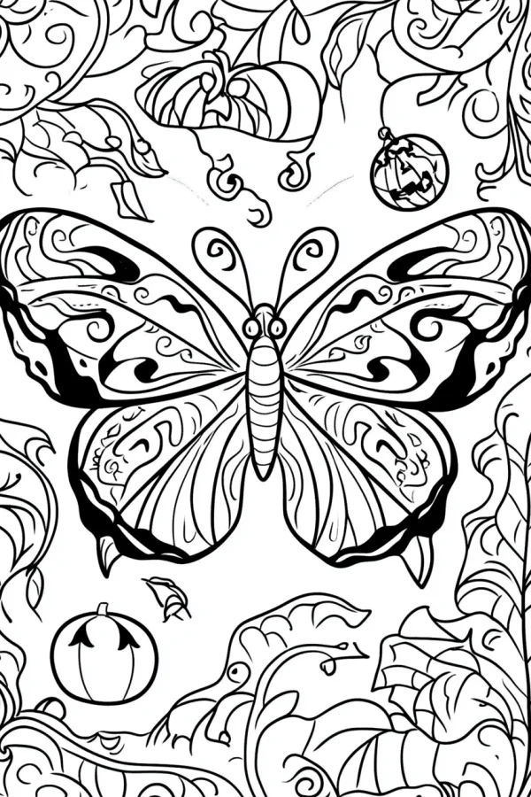 Halloween decorated butterfly, cartoon style — free printable halloween coloring book page