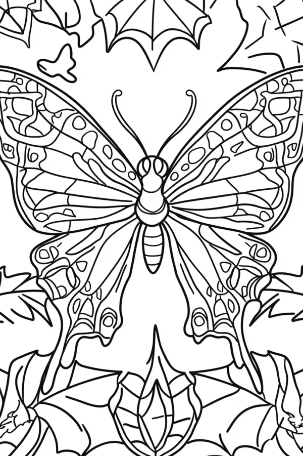 Decorative patterned butterfly with bat outline elements, line art style — free printable art coloring book page