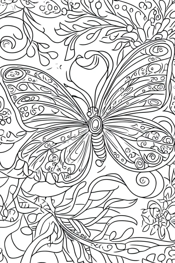 Decorative patterned butterfly, art nouveau and decorative art style — free printable decorative art coloring book page