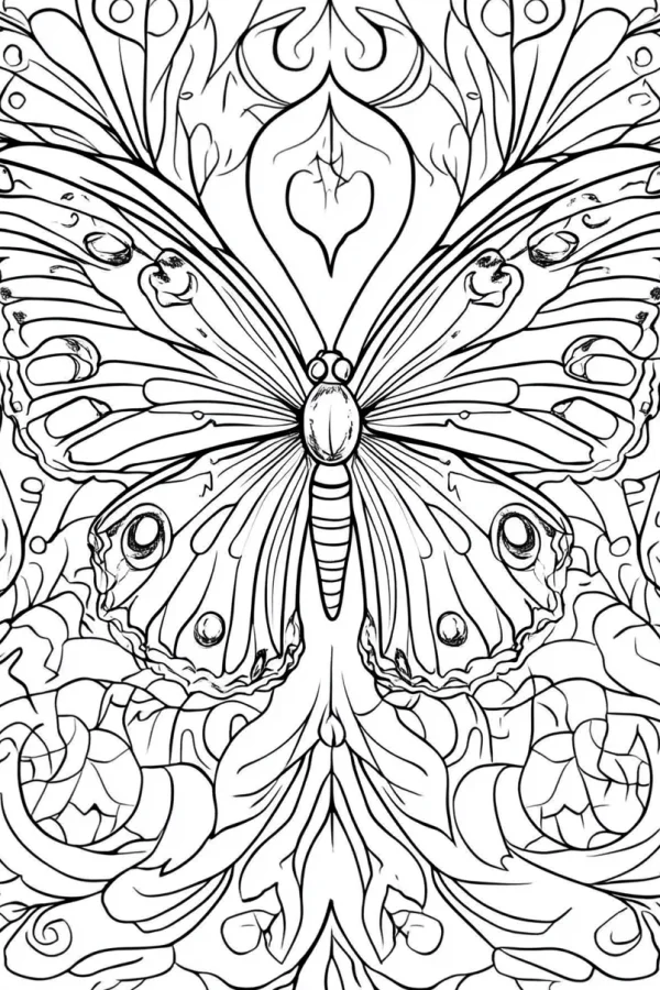 Decorative butterfly with intricate symmetric scroll and floral patterns, decorative art style — free printable art coloring book page