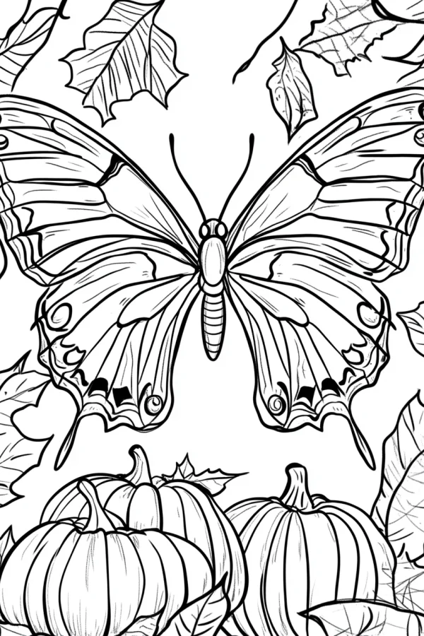 Butterfly with pumpkins and autumn leaves, illustration style — free printable halloween coloring book page