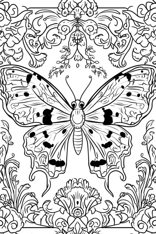 Ornate decorative butterfly, surrounded by floral scroll patterns and symmetrical ornaments — free printable decorative art coloring book page