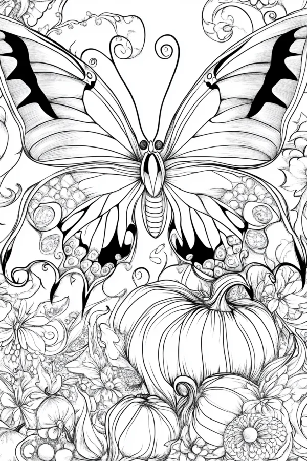 Ornate butterfly with pumpkins, decorative art style — free printable halloween coloring book page