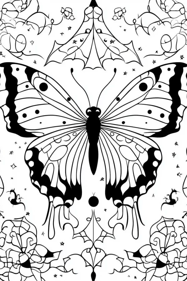 Decorative butterfly with floral patterns, symmetrical decorative art style — free printable abstract coloring book page