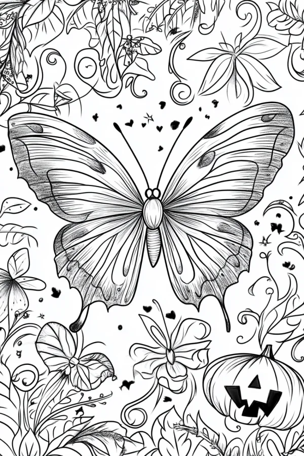 Decorative butterfly with halloween pumpkin lantern, cartoon illustration style — free printable halloween coloring book page