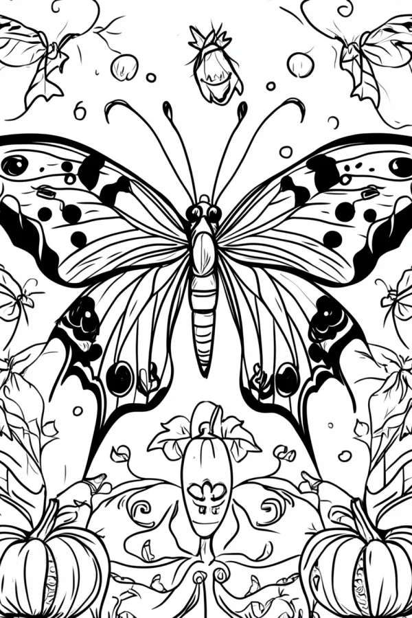 Halloween-style large butterfly with pumpkins, small butterflies and ghost figure — free printable halloween coloring book page