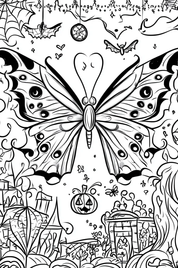 Halloween-themed butterfly, cartoon style — free printable horror coloring book page