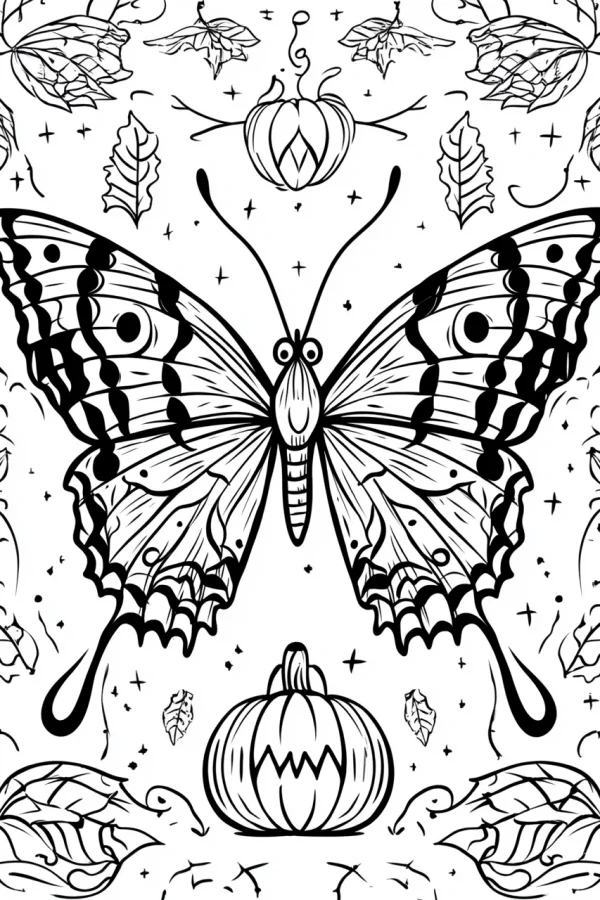 Halloween-themed butterfly, cartoon style — free printable halloween coloring book page