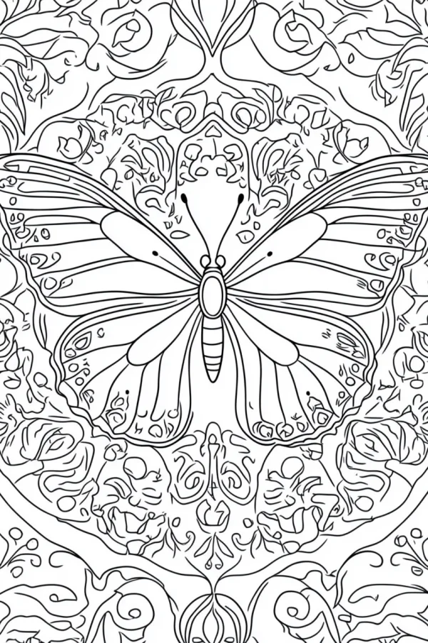 Mandala-style butterfly with intricate decorative floral patterns, fine smooth organic lines — free printable art coloring book page