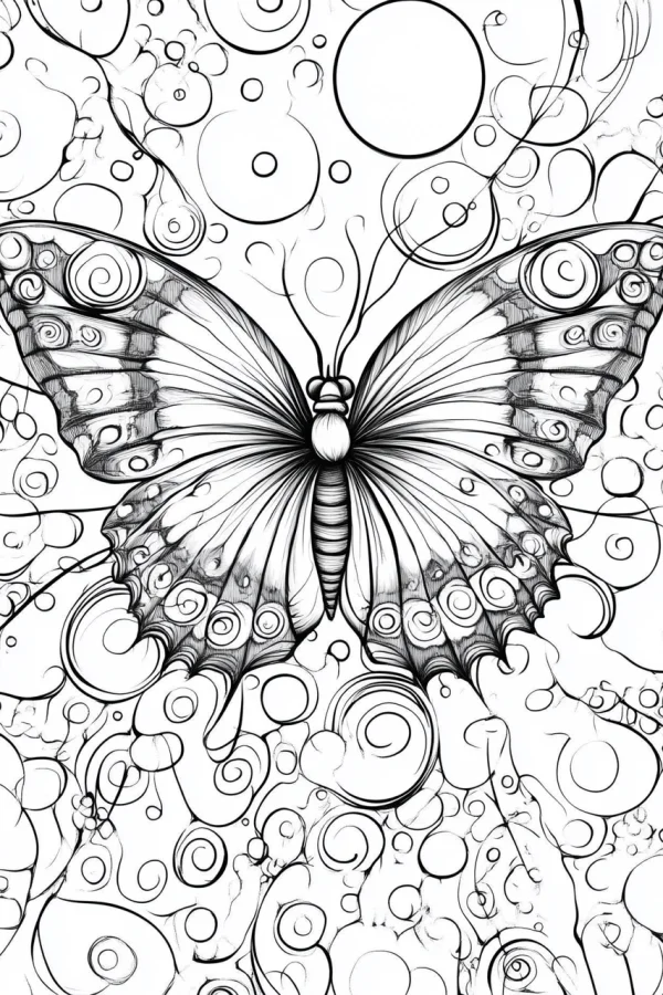 Butterfly with intricate spiral patterns, line art style — free printable art coloring book page