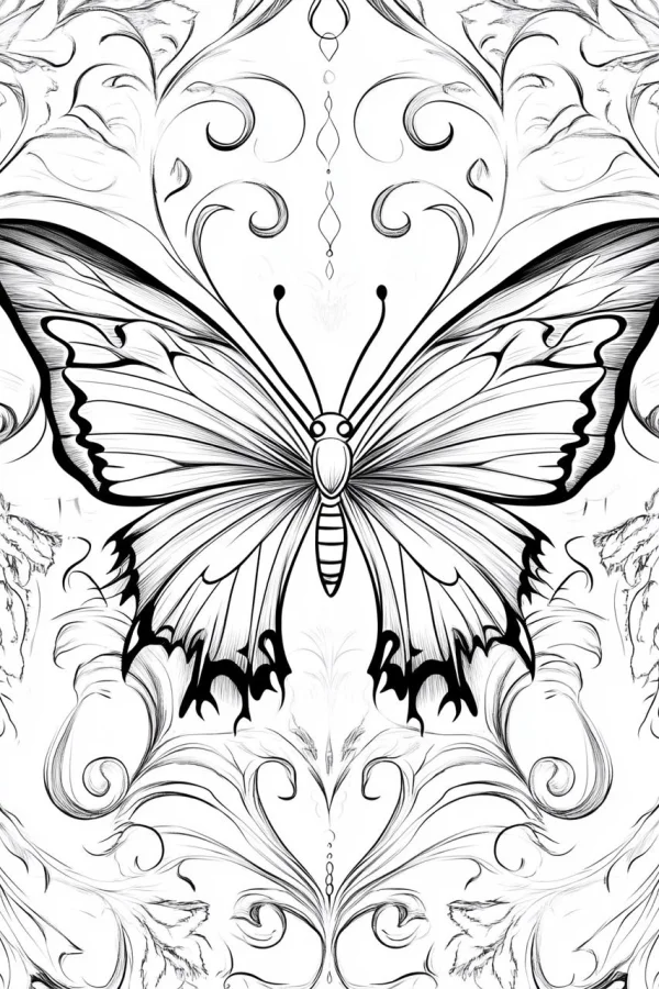 Decorative butterfly with intricate swirling vine and leaf patterns, art deco style — free printable decorative art coloring book page