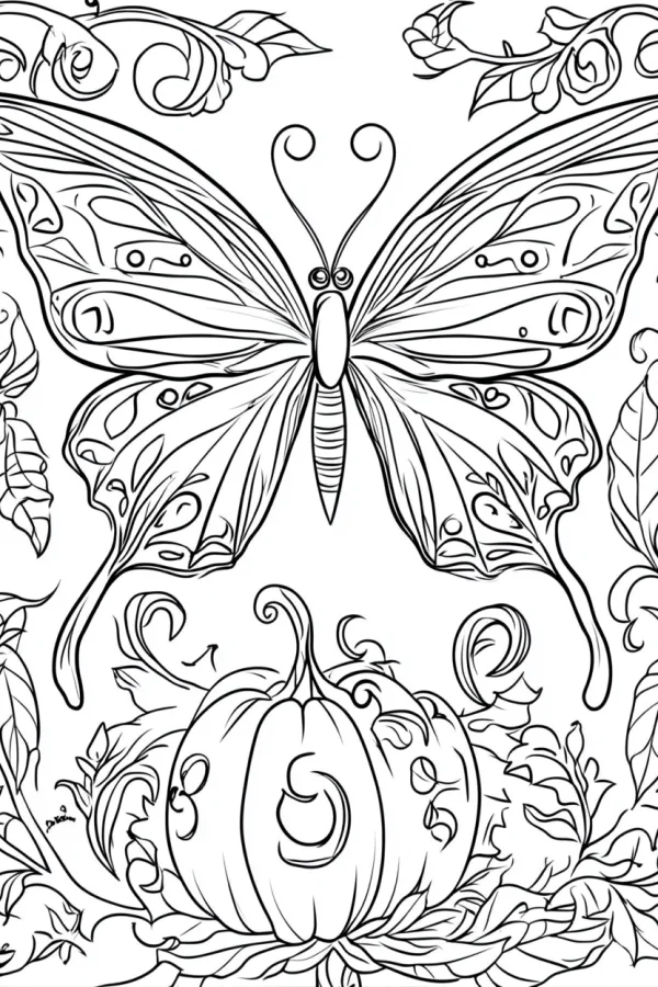 Decorative butterfly with intricate patterns and pumpkin, surrounded by vines and leaves — free printable halloween coloring book page
