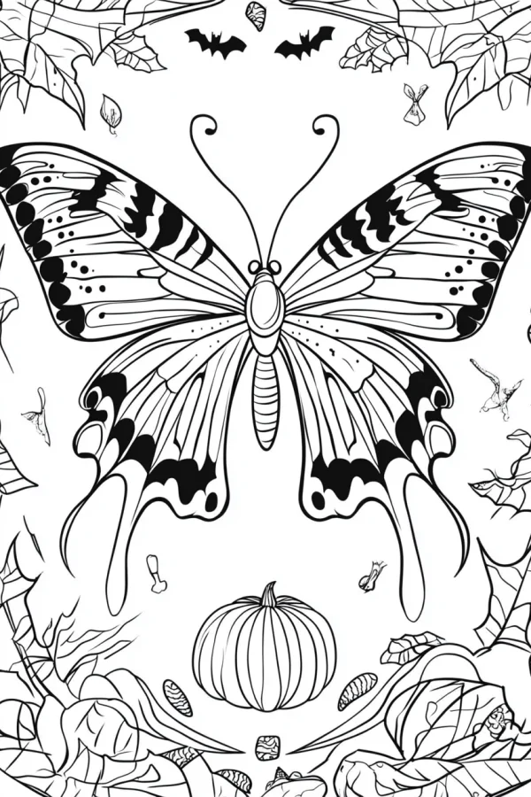 Halloween-themed butterfly, cartoon style — free printable halloween coloring book page