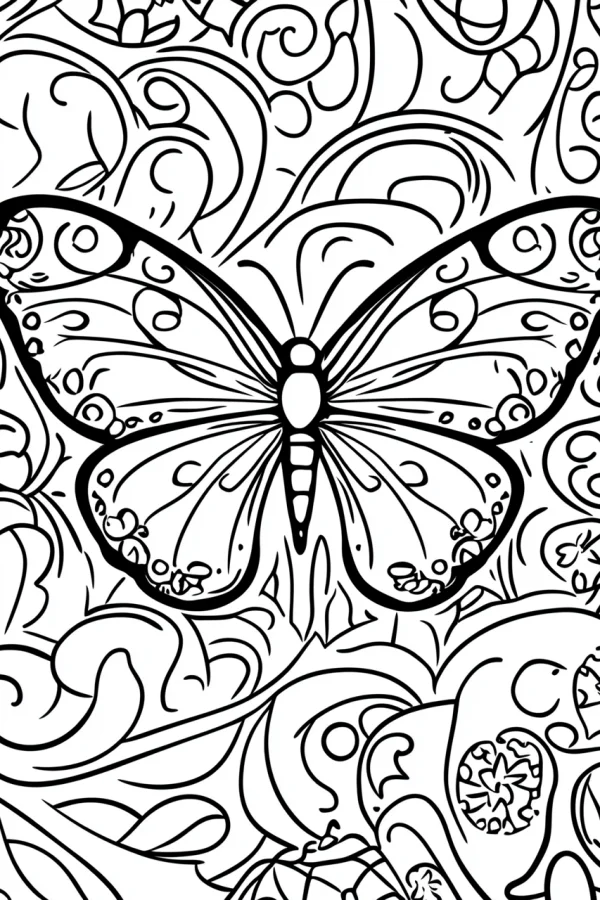 Decorative patterned butterfly, line art style — free printable insects coloring book page
