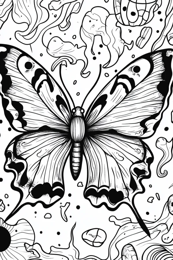 Intricate patterned butterfly, fantasy style — free printable abstract coloring book page