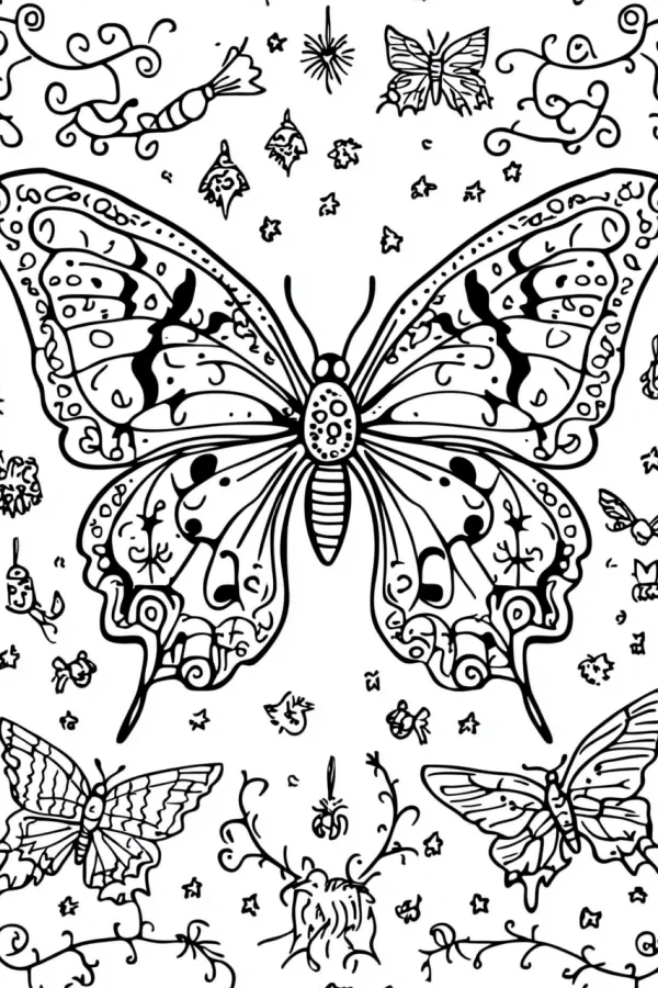 Large decorative butterfly with intricate organic patterns, surrounded by small butterflies — free printable insects coloring book page