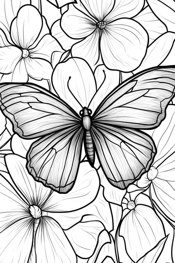 Butterfly surrounded by flowers, line art style — free printable plants coloring book page