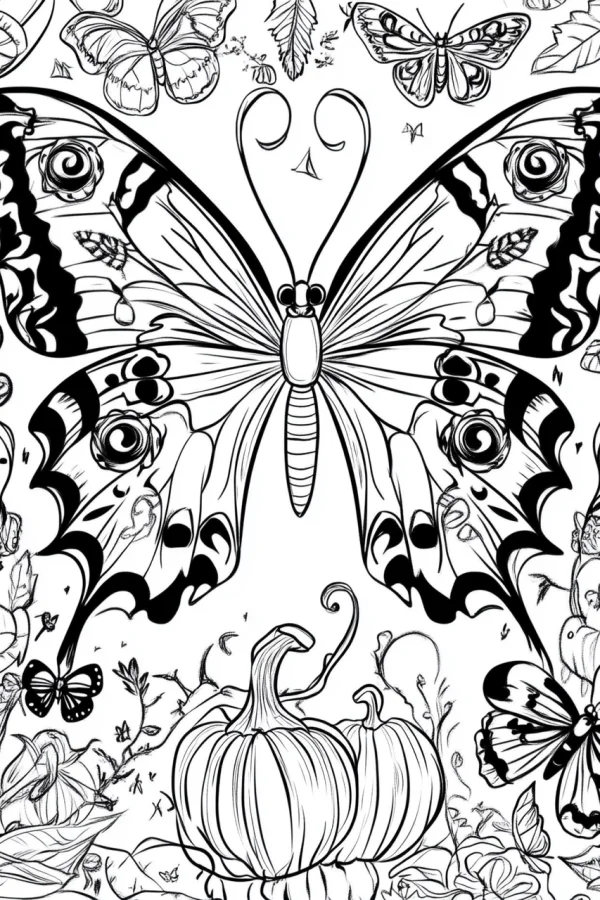 Giant decorative butterfly with pumpkins and small butterflies, intricate wing patterns — free printable halloween coloring book page