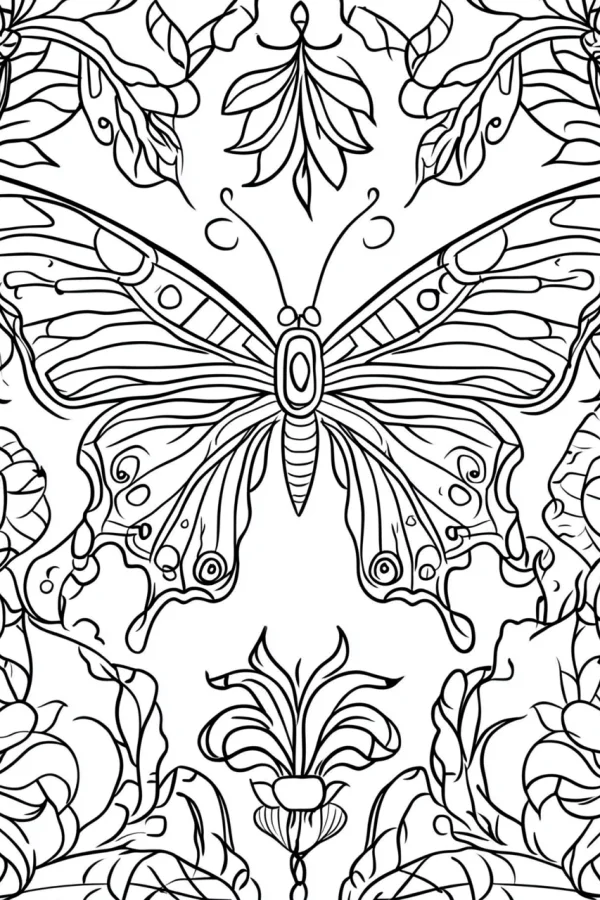 Decorative butterfly with surrounding floral and leaf patterns, art deco style — free printable decorative art coloring book page