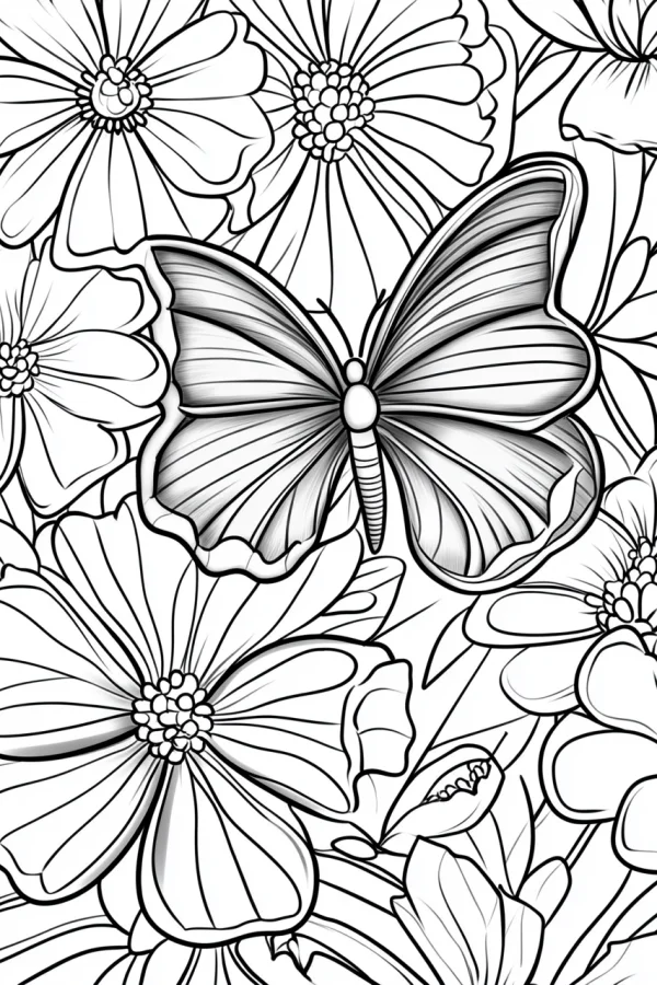 Butterfly surrounded by various flowers, realistic line art style — free printable flowers coloring book page