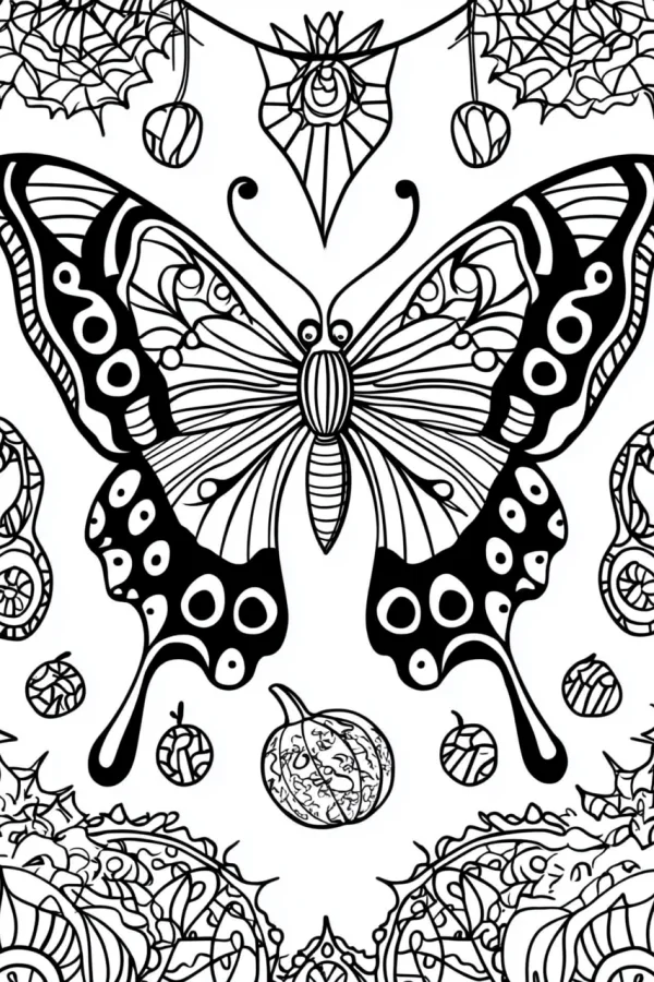 Halloween decorated butterfly, decorative art style — free printable halloween coloring book page