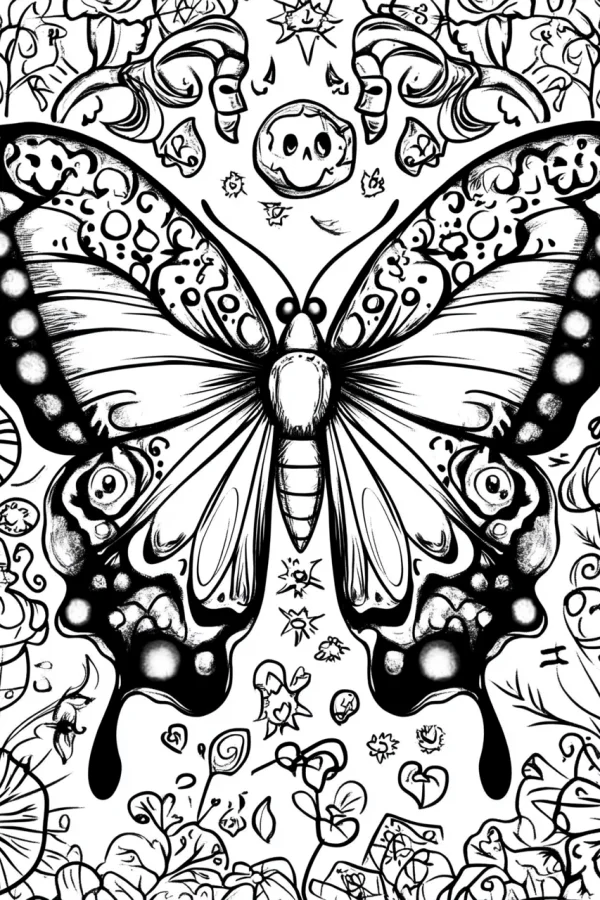 Fantasy patterned butterfly with cute cartoon skull, cartoon fantasy style — free printable imagination coloring book page