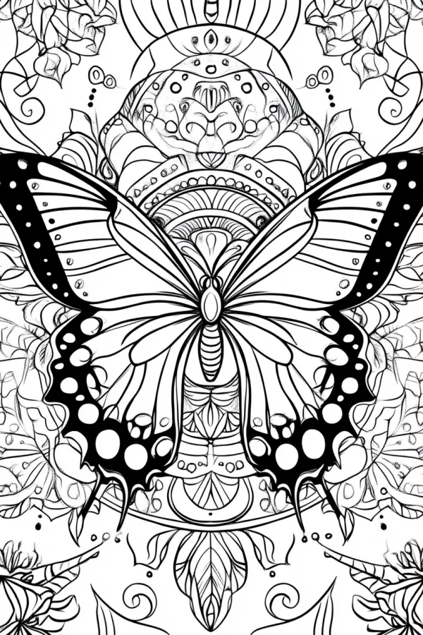 Mandala style butterfly, intricate mandala patterns with floral and vine decorations — free printable animal theme coloring book page
