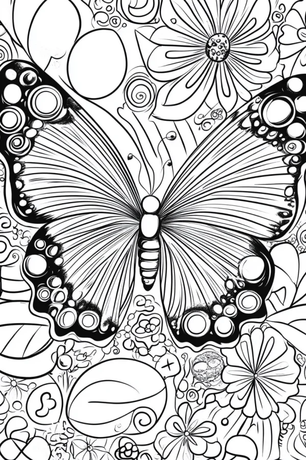 Butterfly surrounded by flowers and decorative patterns, zentangle style — free printable flowers coloring book page