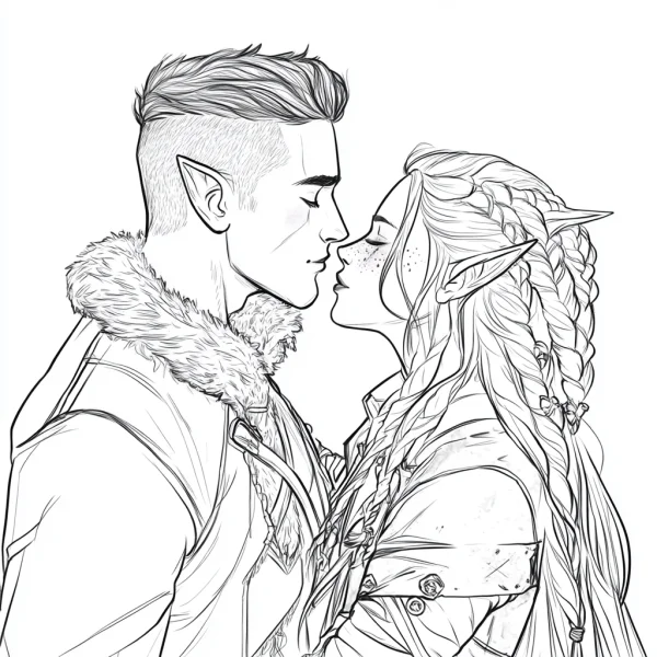 Elven couple about to kiss, fantasy illustration style — free printable love coloring book page