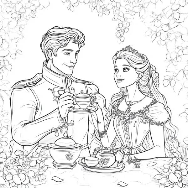 Royal prince and princess having afternoon tea, fairy tale cartoon style — free printable love coloring book page