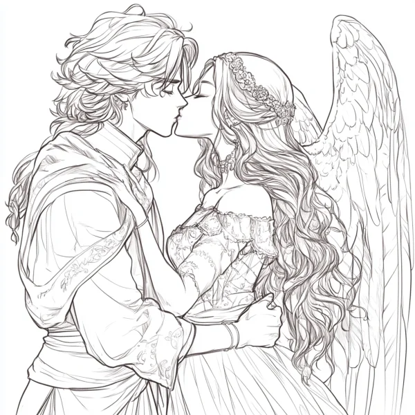 Angel couple kissing, anime style — free printable imagination coloring book page