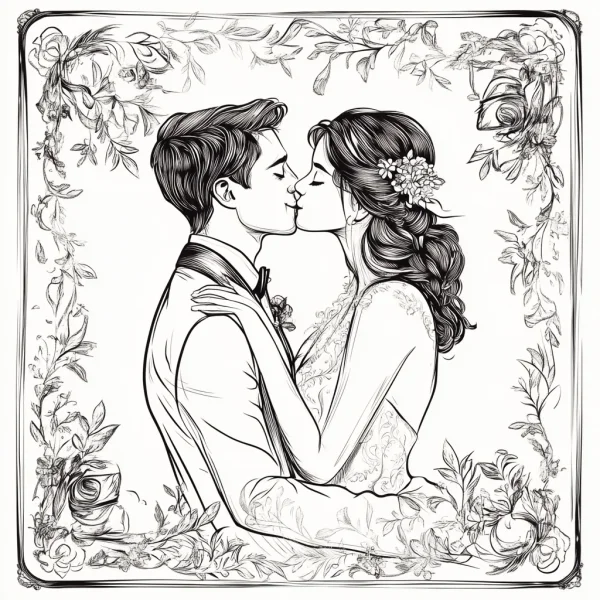 Wedding couple kissing, sketch line art style — free printable love coloring book page