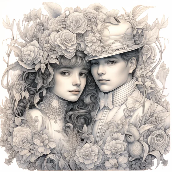 Vintage dressed young man and woman surrounded by lush flowers and plants, art nouveau and retro style — free printable flowers coloring book page
