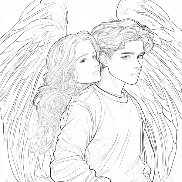 Angel couple with large detailed wings, anime style — free printable imagination coloring book page