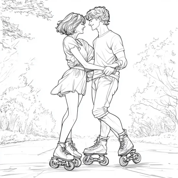 Couple roller skating, sketch style — free printable love coloring book page