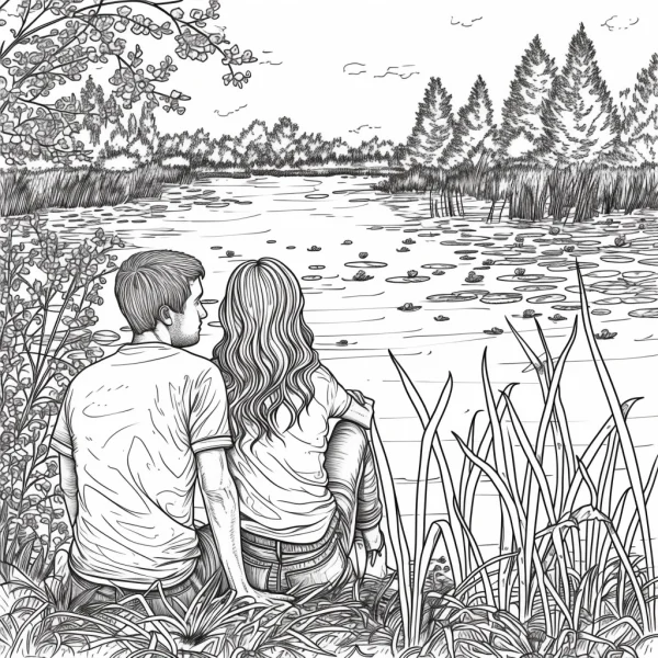 Couple sitting by the lake, realistic illustration style — free printable love coloring book page