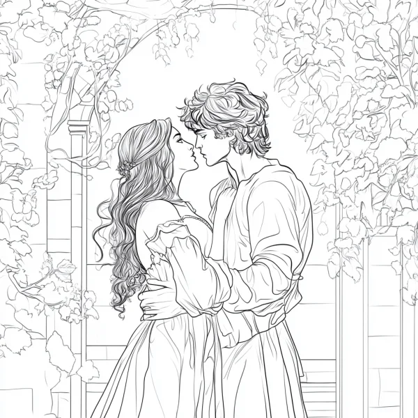 Romantic couple in vintage outfits embracing under vine-covered arch, retro style — free printable love coloring book page