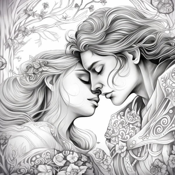 Fantasy elf couple with foreheads touching, intricate decorative patterns and floral elements on clothing — free printable love coloring book page