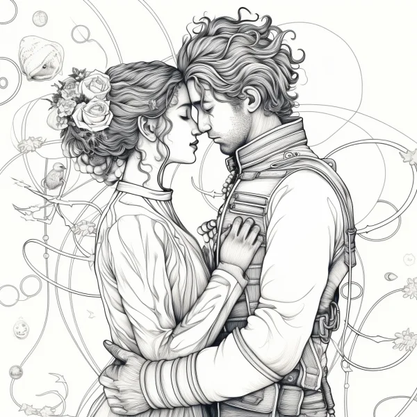Retro embracing couple with roses in girl's hair, vintage style — free printable love coloring book page