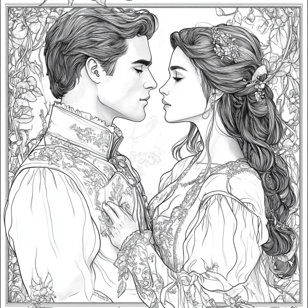 Vintage court aristocratic couple, surrounded by floral vine borders — free printable love coloring book page