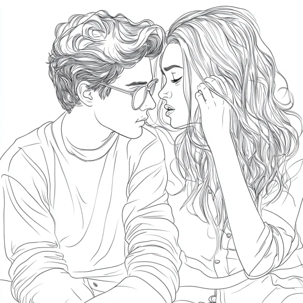 Intimate couple (boy with glasses and girl with long wavy hair), realistic sketch style — free printable love coloring book page