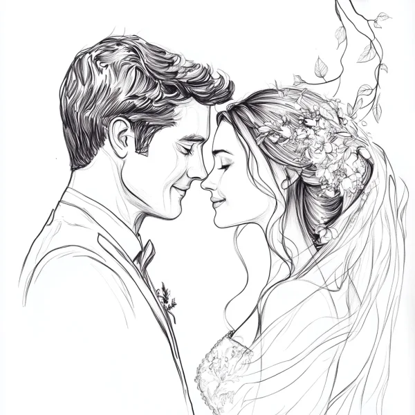 Newlywed couple, realistic line art style — free printable love coloring book page