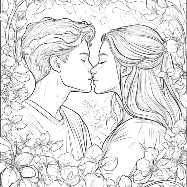 Coloring book page, kissing couple surrounded by blooming flowers — free printable flowers coloring book page
