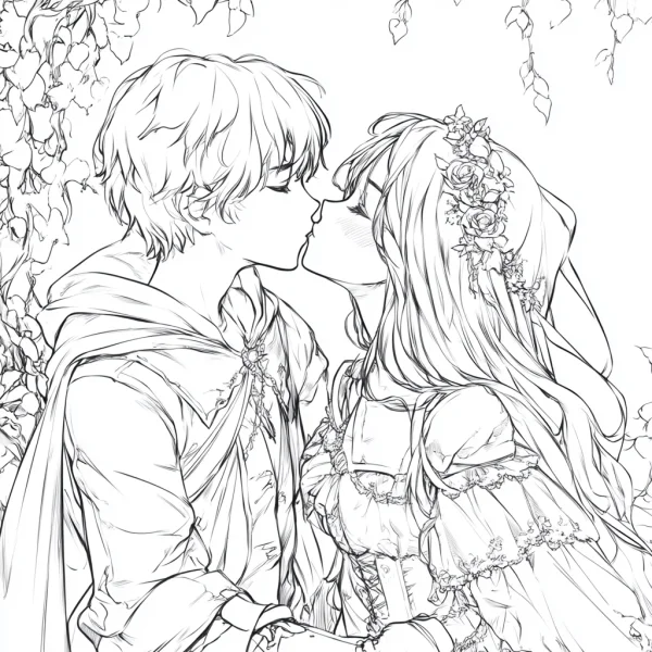 Kissing fairy tale couple, anime style — free printable love coloring book page
